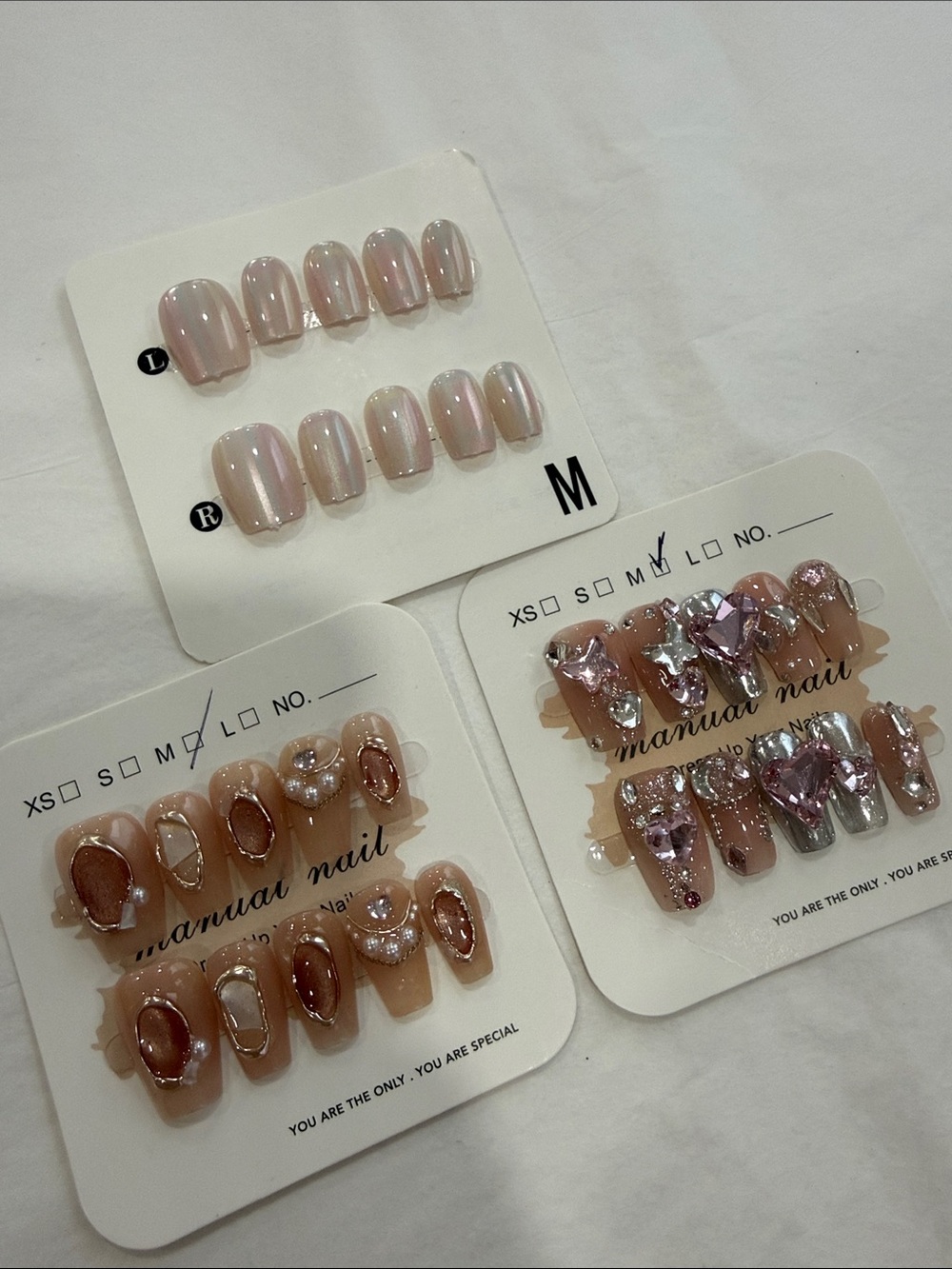 Press-On Nail 3 Set size M Pink Pearl & Crystal Accent